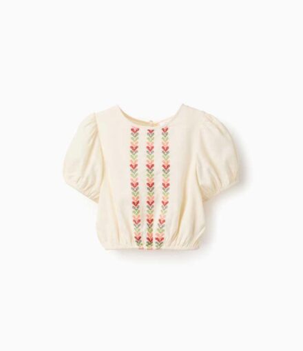 Blusa m/c ZIPPY abullonada beige c/bordados colore